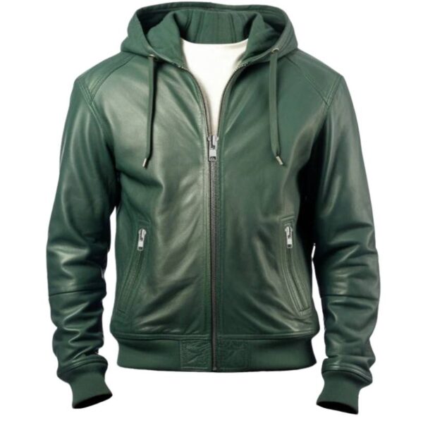 Men Faux Leather Jacket with Hood Green a