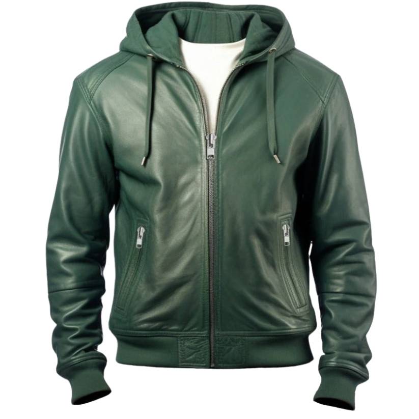 Men Faux Leather Jacket with Hood Green a
