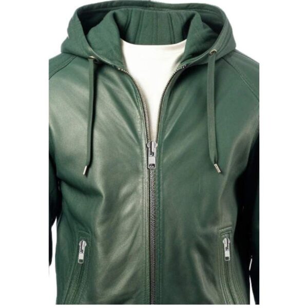 Men Faux Leather Jacket with Hood Green b