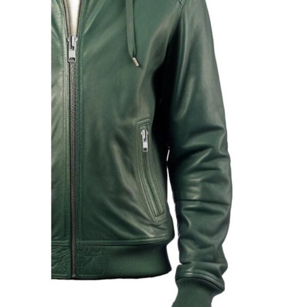 Men Faux Leather Jacket with Hood Green c