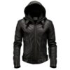 Men Hooded Heavy Black Leather Jacket a