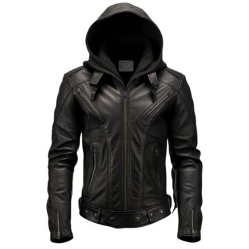 Men Hooded Heavy Black Leather Jacket a