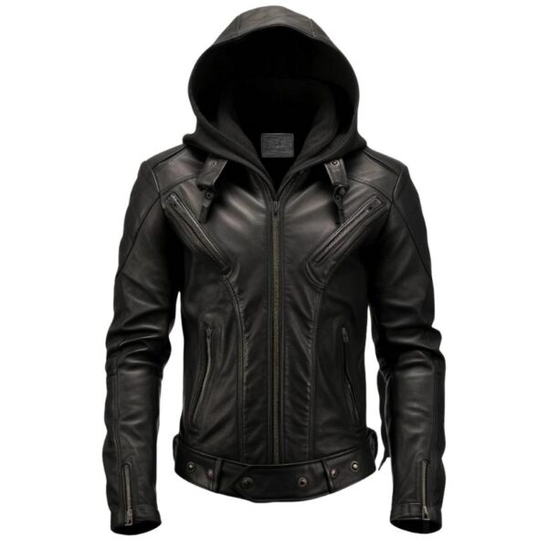 Men Hooded Heavy Black Leather Jacket a