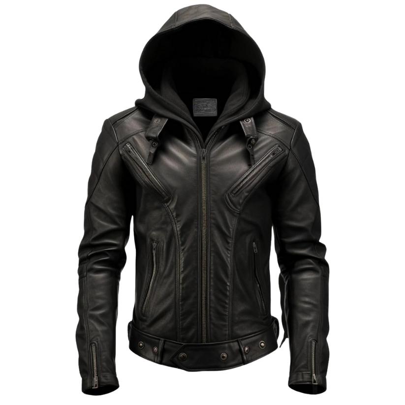 Men Hooded Heavy Black Leather Jacket a
