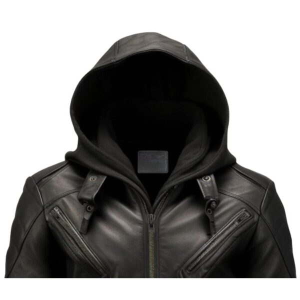Men Hooded Heavy Black Leather Jacket b
