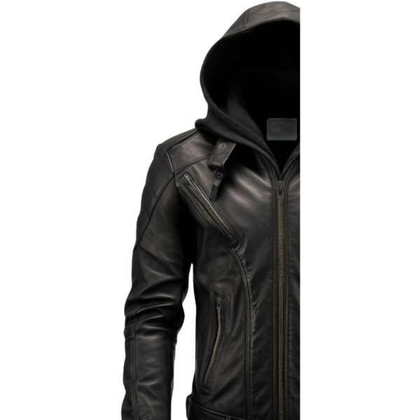 Men Hooded Heavy Black Leather Jacket c