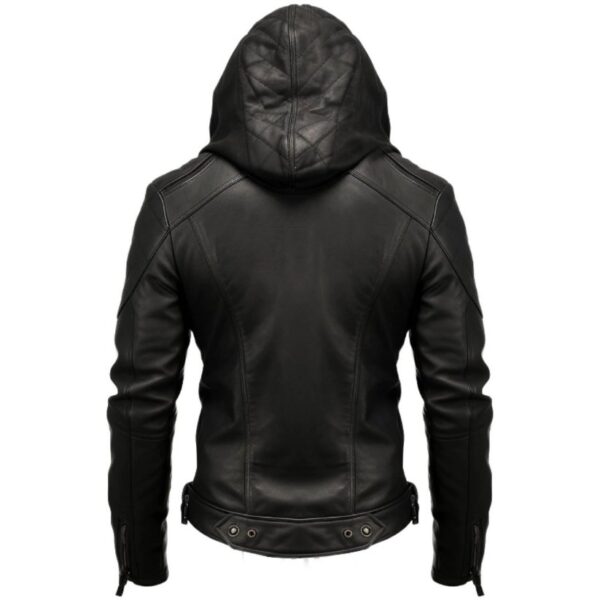 Men Hooded Heavy Black Leather Jacket d