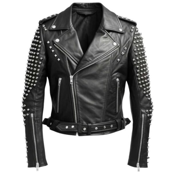 Men Black Leather Jacket - Black Biker Studded Jacket a