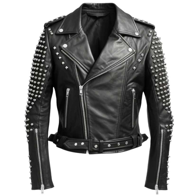Men Black Leather Jacket - Black Biker Studded Jacket a