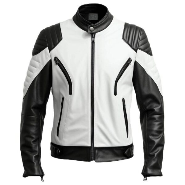 Men Biker White and Black Leather Jacket a