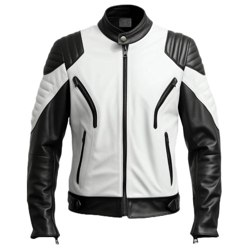 Men Biker White and Black Leather Jacket a