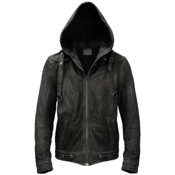 Men Black Hooded Suede Leather Jacket a