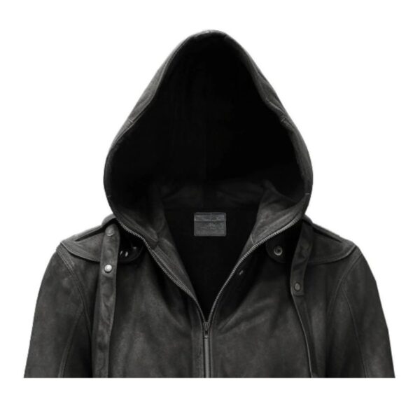 Men Black Hooded Suede Leather Jacket b