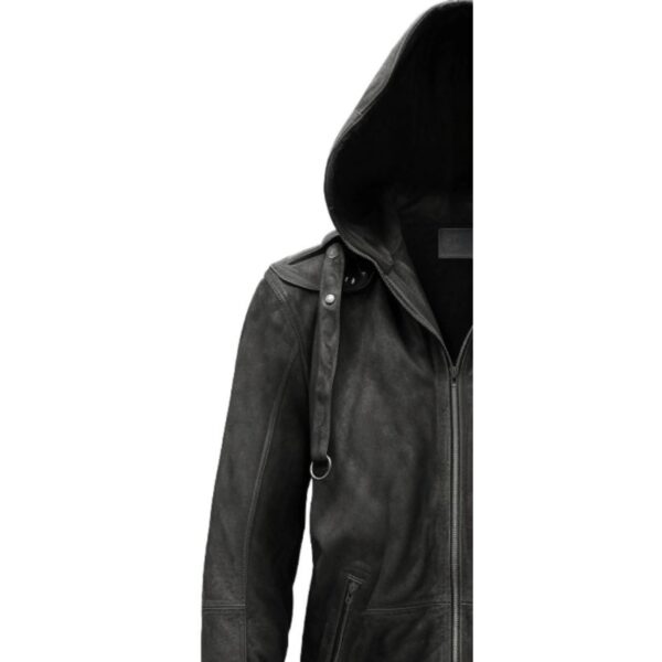 Men Black Hooded Suede Leather Jacket c