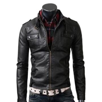 Men Black Strap Pocket Leather Jacket a