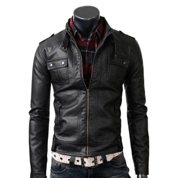 Men Black Strap Pocket Leather Jacket a