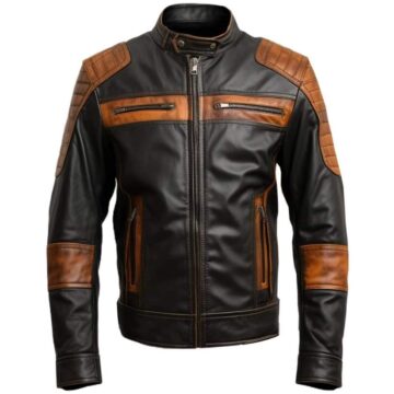 Men Leather Jacket- Orange Black Waxed a