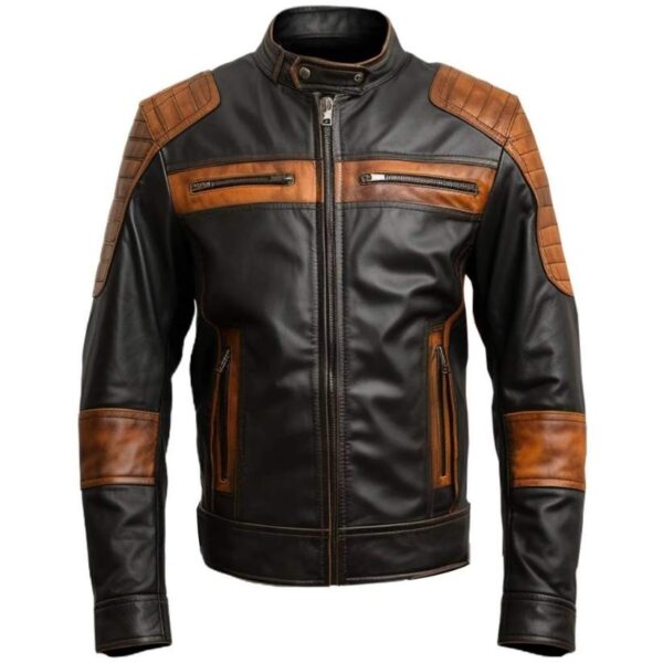 Men Leather Jacket- Orange Black Waxed a