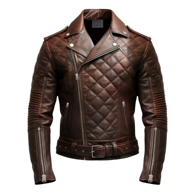 Men Quilted Biker Brown Leather Jacket a