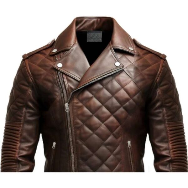 Men Quilted Biker Brown Leather Jacket b