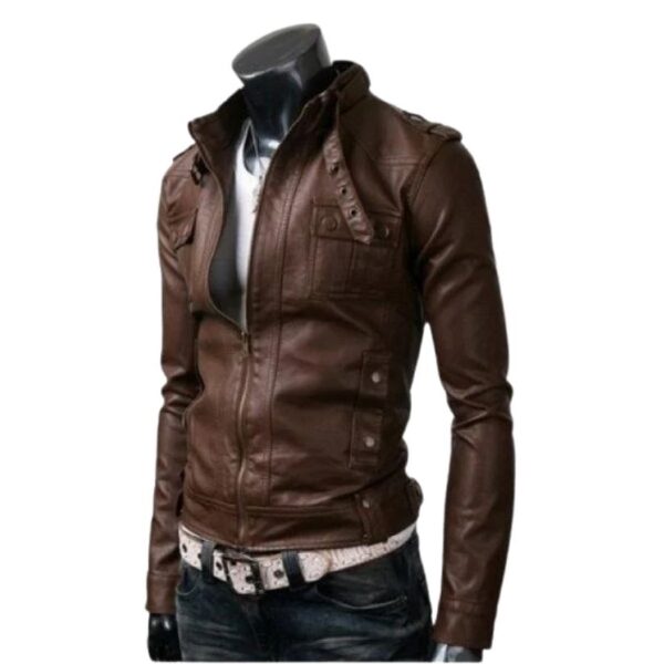 Men Slim-Fit Brown Leather Jacket c