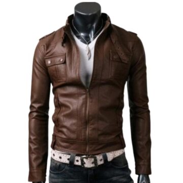 Men Slim-Fit Brown Leather Jacket a