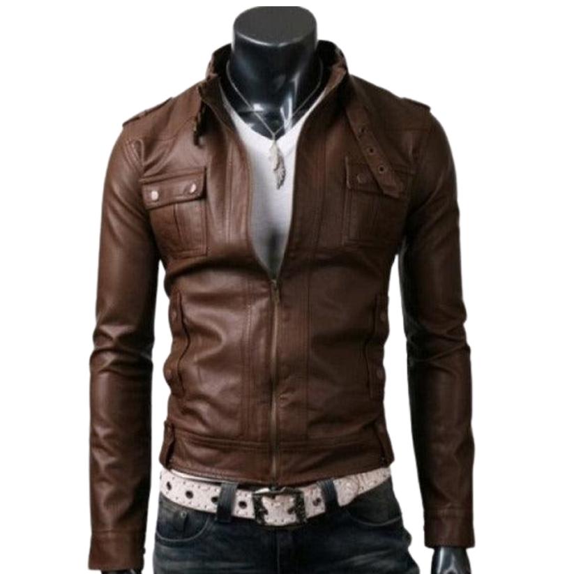 Men Slim-Fit Brown Leather Jacket a