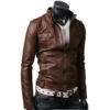 Men Slim-Fit Brown Leather Jacket b