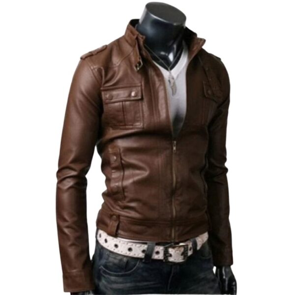 Men Slim-Fit Brown Leather Jacket b