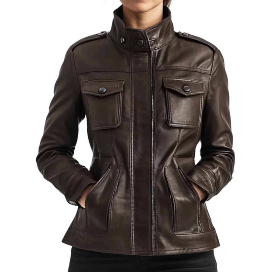 Women Evelyn Brown Leather Jacket a